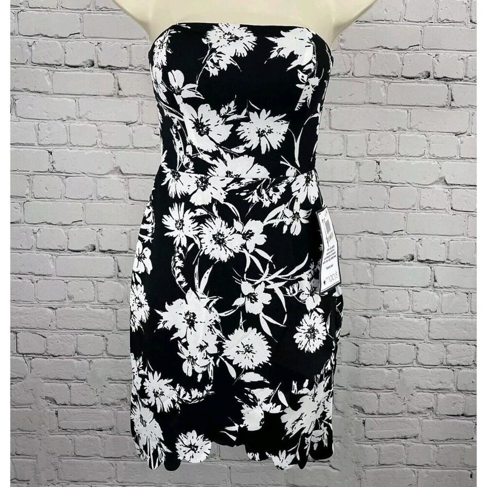 NWT B. Darlin Black White Floral Mini Strapless Scallop Dress Padded Zipped 1/2